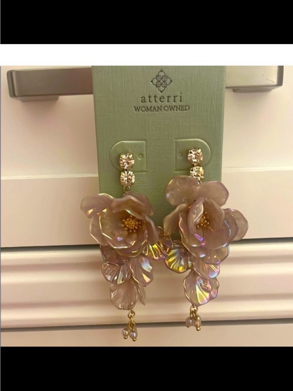 Atterri Iridescent Pink Floral Drop Earrings with Gold Accents